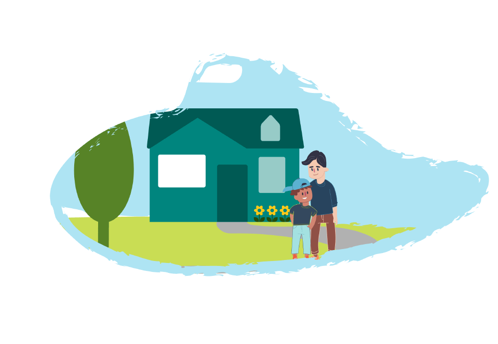 A stepfamily standing in front of their home