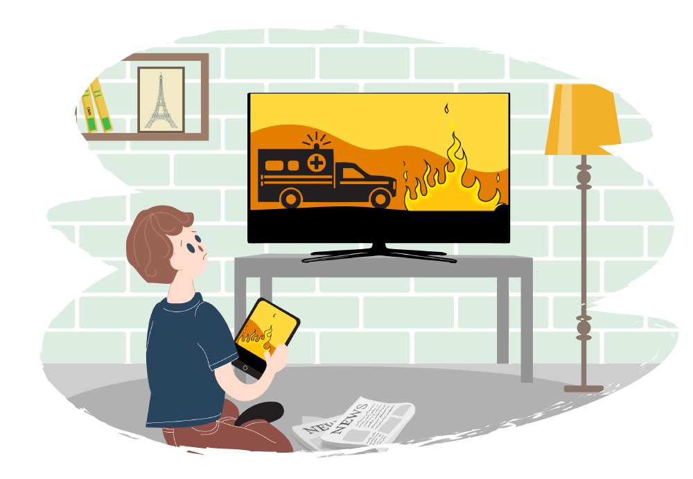 Boy watching TV and iPad with scary news on them