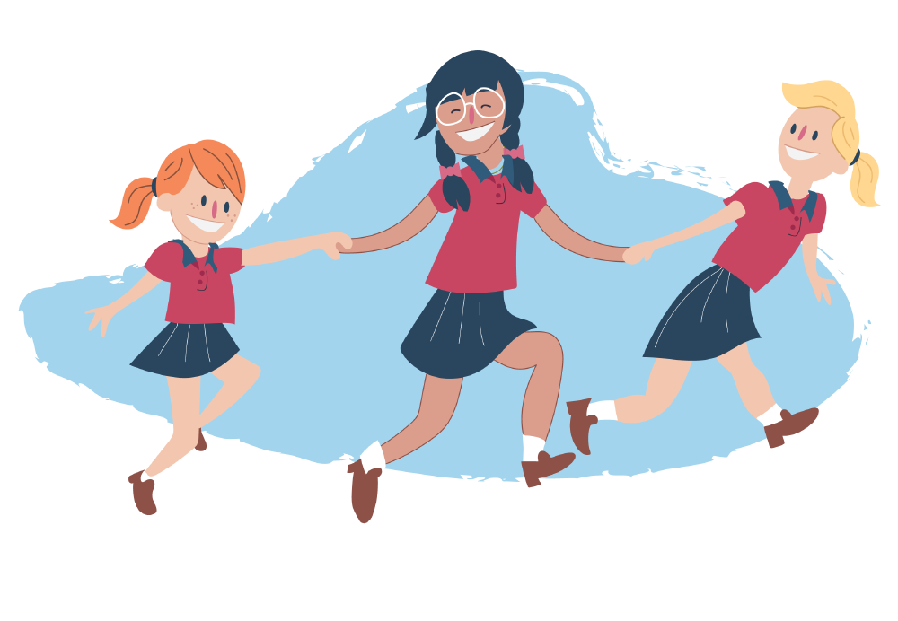 Three girls in school uniform holding hands and skipping