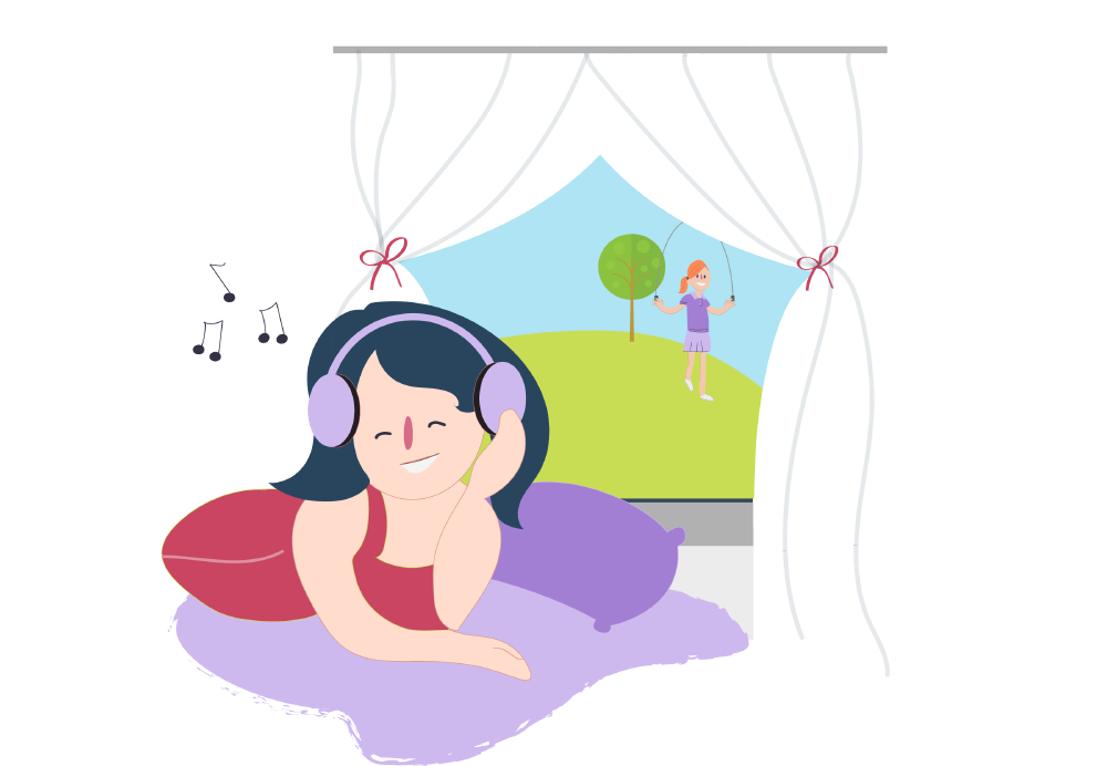 Girl listening to music inside, her friend outside skipping