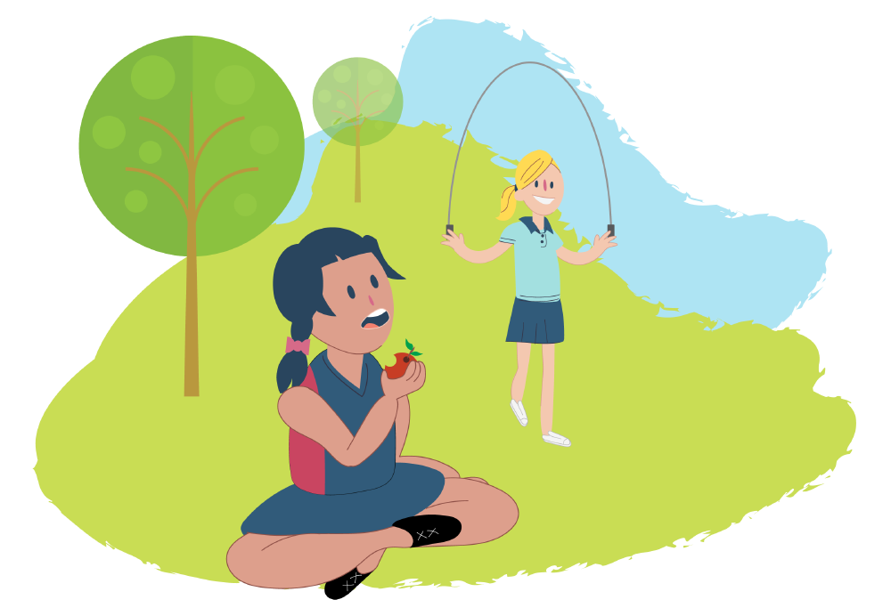 Two girls - one is sitting down eating an apple, the other is skipping