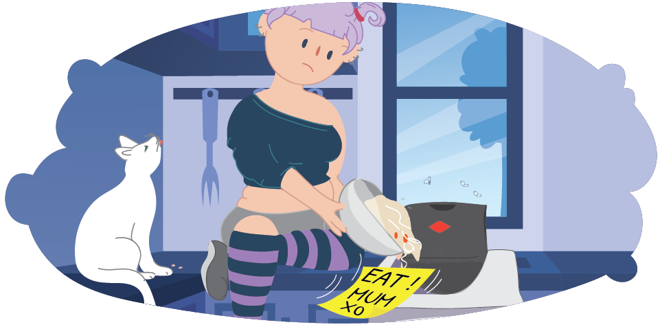 Girl pouring dinner into bin, ignoring a note from mum to eat the meal