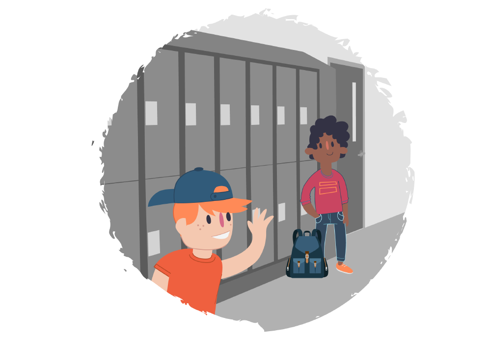 Boy waving to another boy near their school lockers