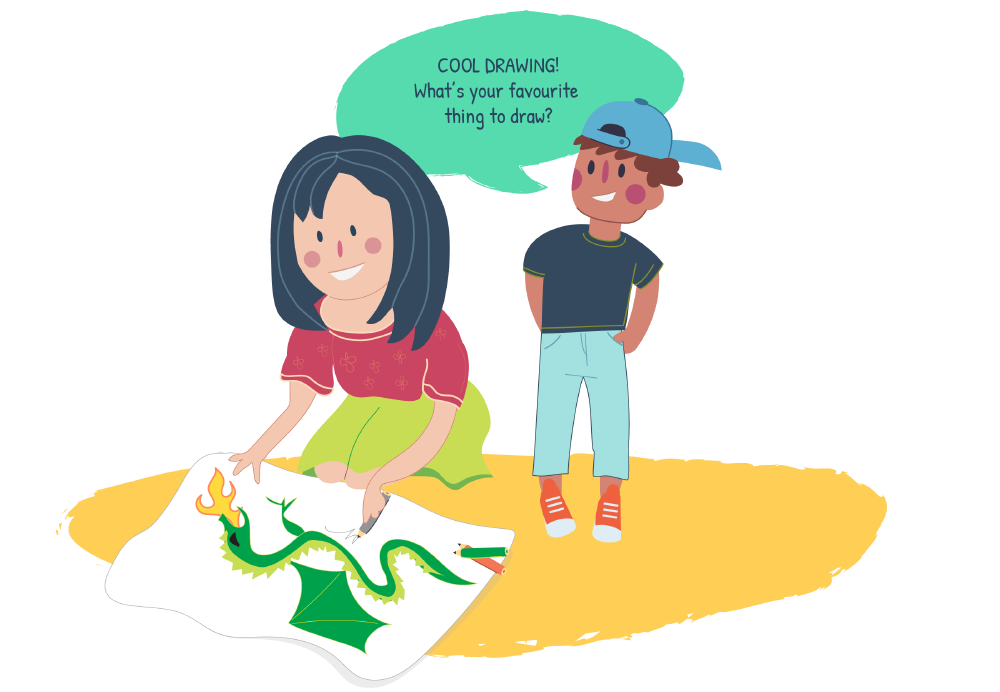 Boy looking at girl's drawing and saying "cool!"