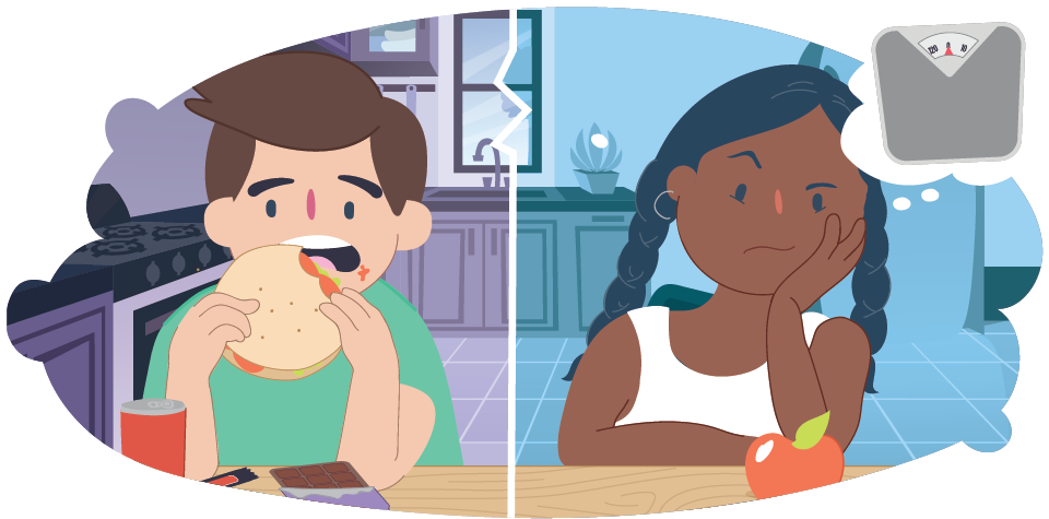 Boy eating unhealthy foods, while girl doesn't eat apple and worries about weight