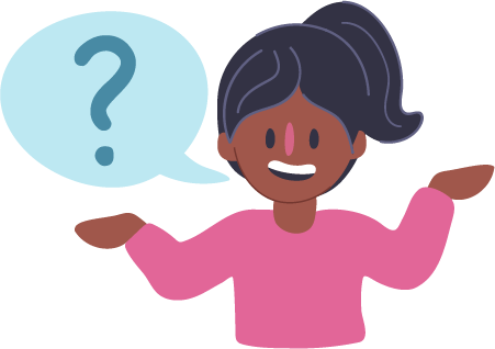 Girl with raised arms and speech bubble with a question mark