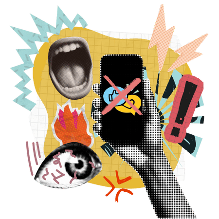 Hand holding smart phone with chat icons crossed out