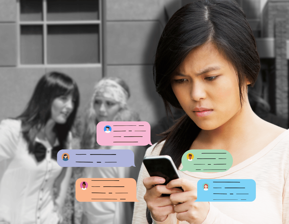 Teen looking at smartphone while other teens laugh in background