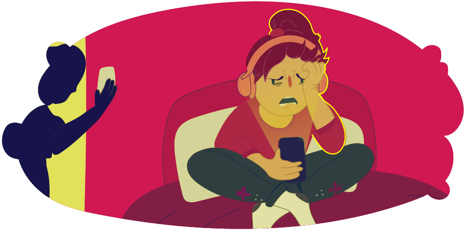 Girl on bed looking at phone while looking upset as her parent turns off the bedroom light