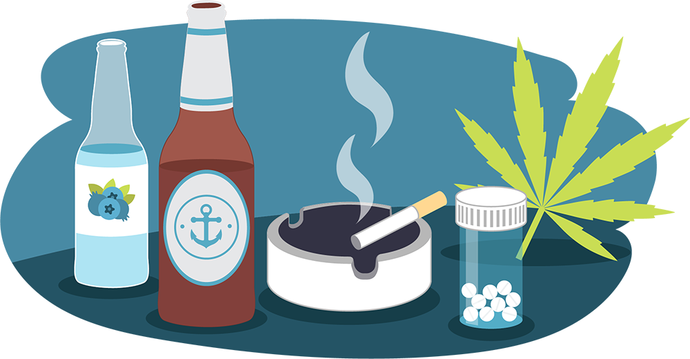 Illustration of beer bottle, RTD, smoking cigarette, cannabis leaf, pills