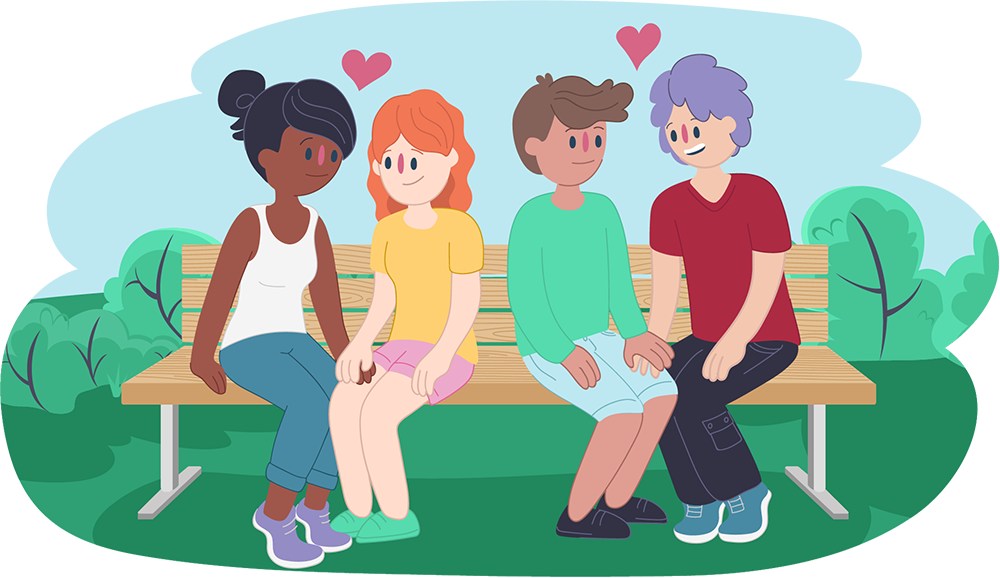 Two girls in love sitting on a bench next to two boys in love