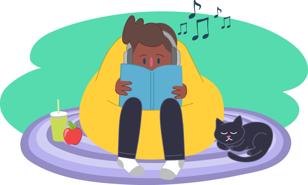 Child reading book in bean bag listening to music surrounded by cat and food