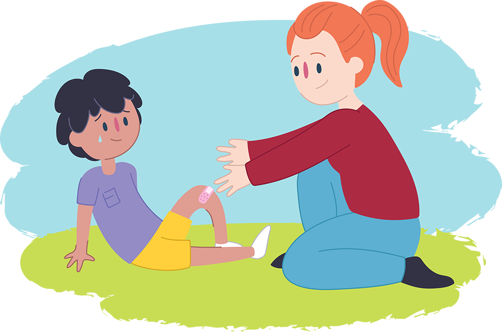 Adult putting bandaid on kid's knee