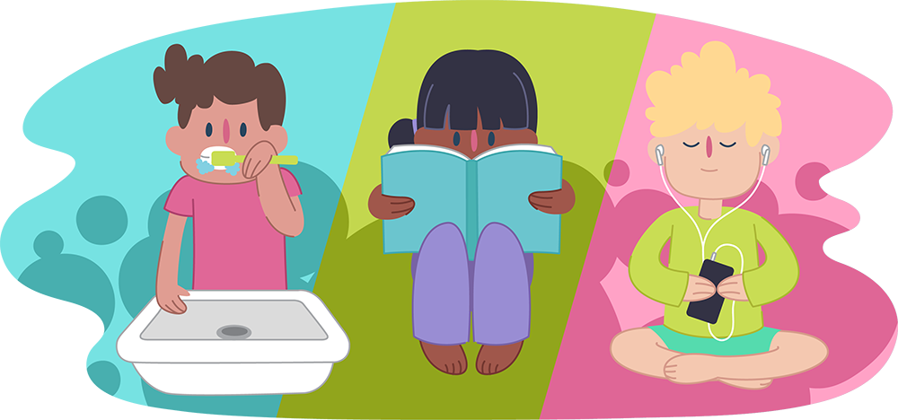 Three children - one brushing teeth, one reading a book and one listening to music on an iphone