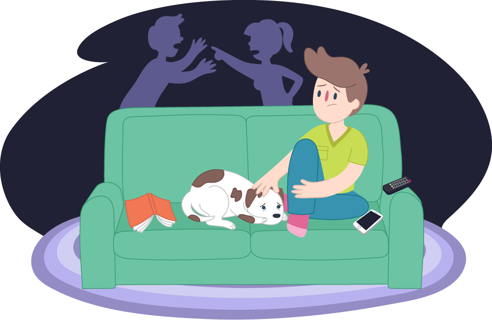 Sad boy and his dog on couch, parents fighting in background