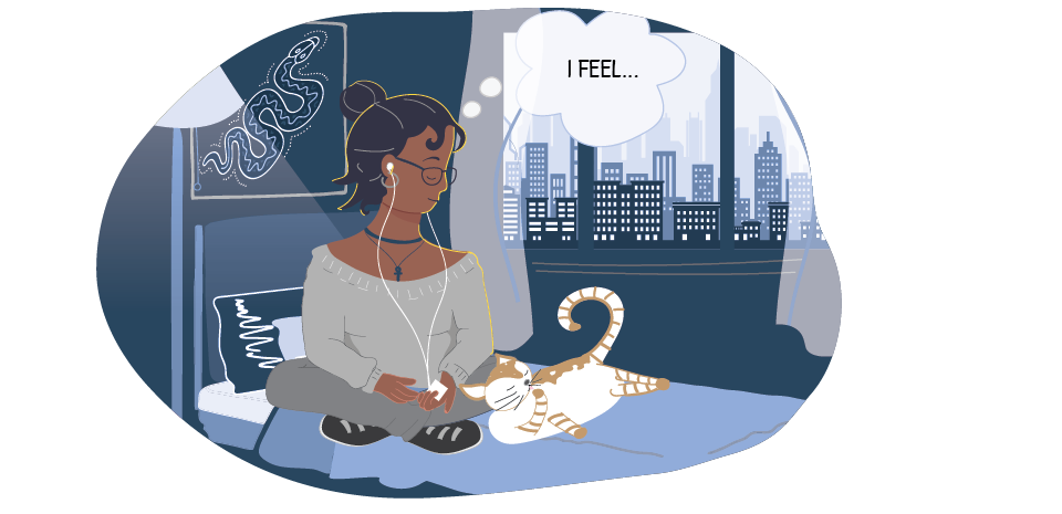 Girl on bed thinking "I feel..."