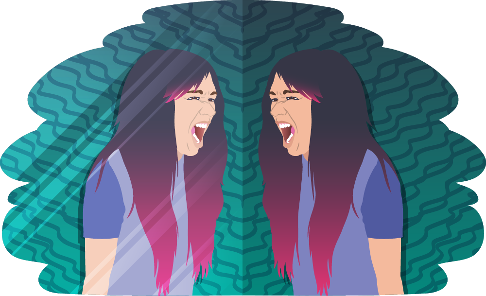 Young person screaming at their reflection in a mirror