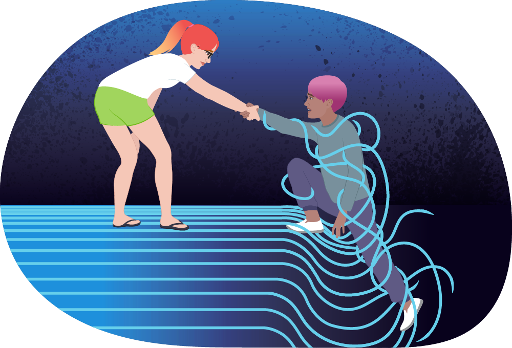 A young person helping another young person untangle their feet from cords and climb up to stand on solid ground