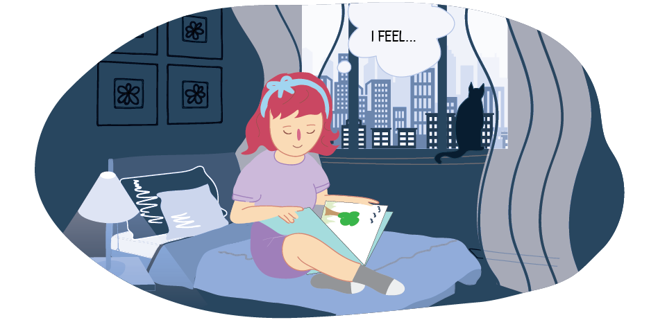 Girl reading in room with "I feel..." thought bubble
