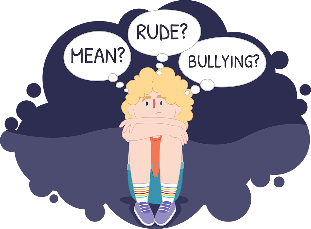 Uncertain young person surrounded by the words Mean, Rude, Bullying
