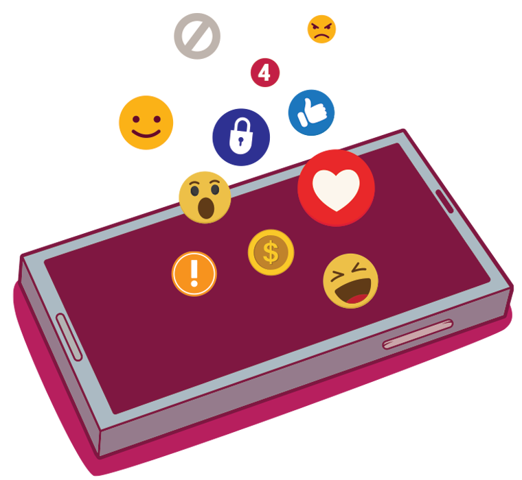 Illustrated smartphone with all types of emojis cascading out of it