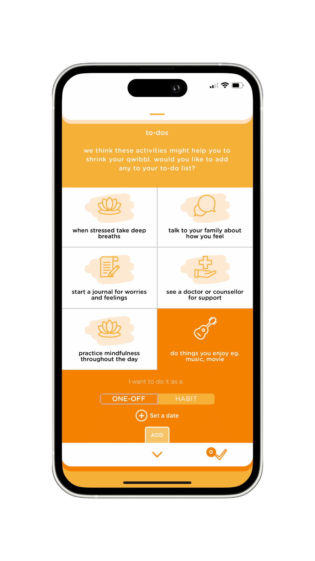 Qwibbl app screenshot: wellbeing strategies