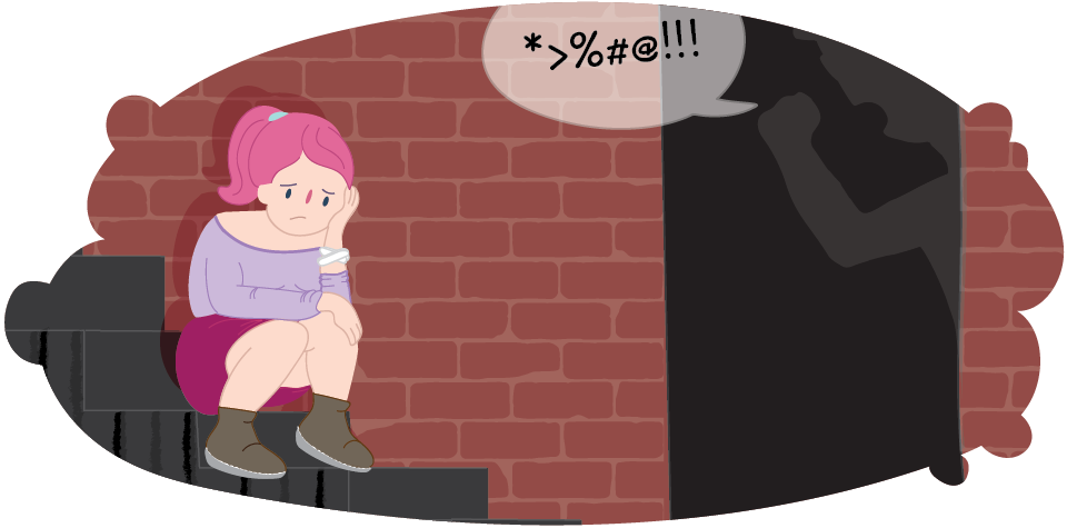 Girl sitting on stairs while adult swears at her