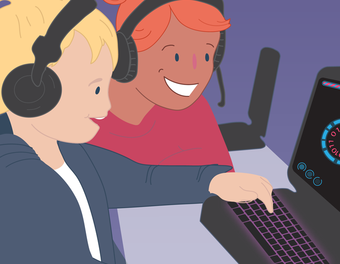 Two kids playing an online game