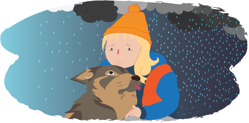 Child looking sad, with dog