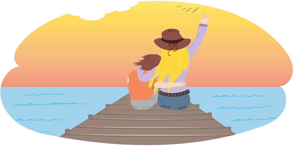 Boy and girl sit on pier and watch sunset