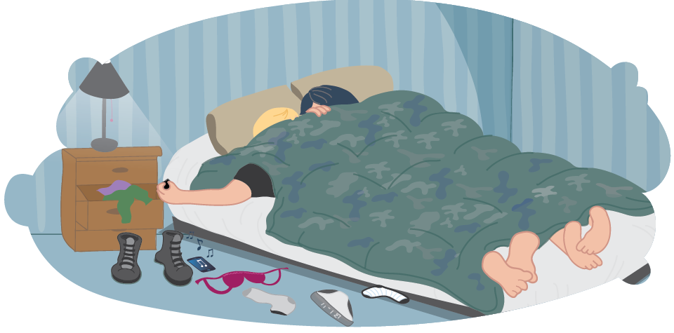 Male and female in bed, under the covers; male reaches for condom in bedside table drawer